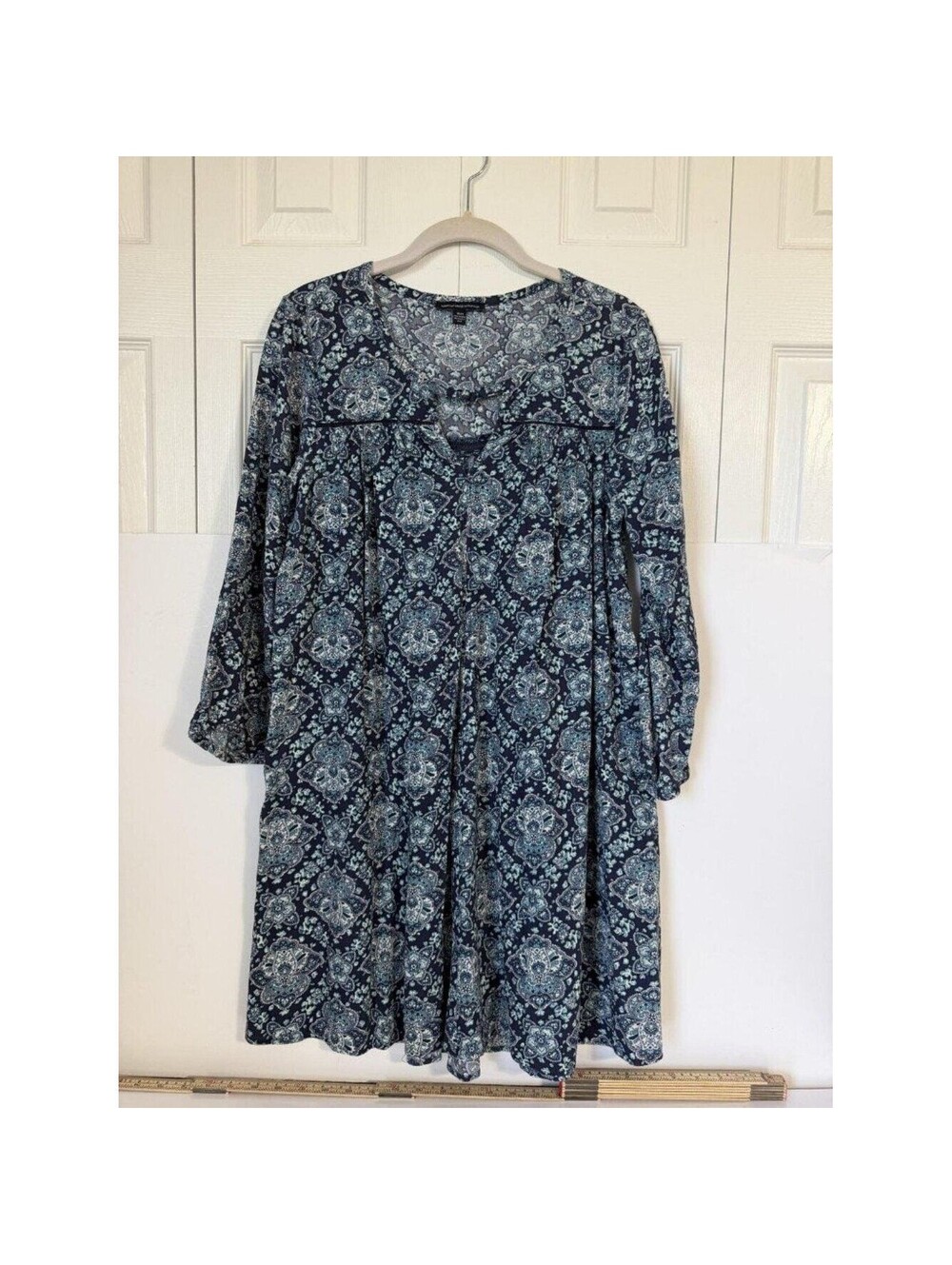 American Eagle Women M Blue Paisley 3/4 Sleeve Boho Swing Mini Dress